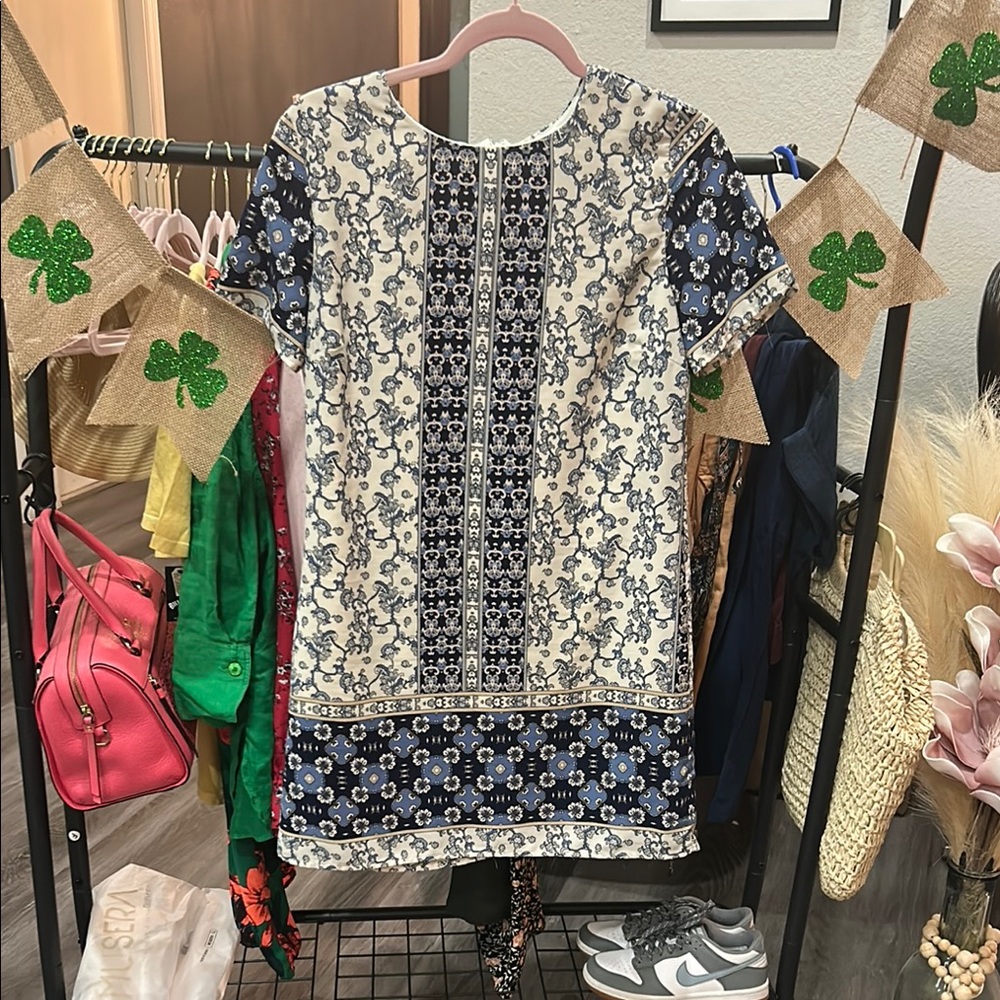Lulus Floral Patterned Dress in Blue and White